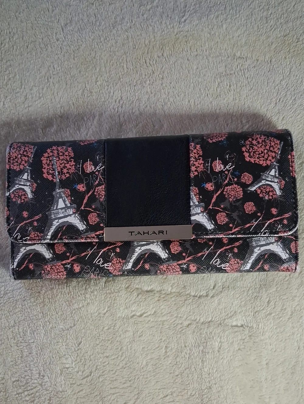 NEW!! Tahari Black and Pink Eiffel Tower Floral Wallet NO TAGS!